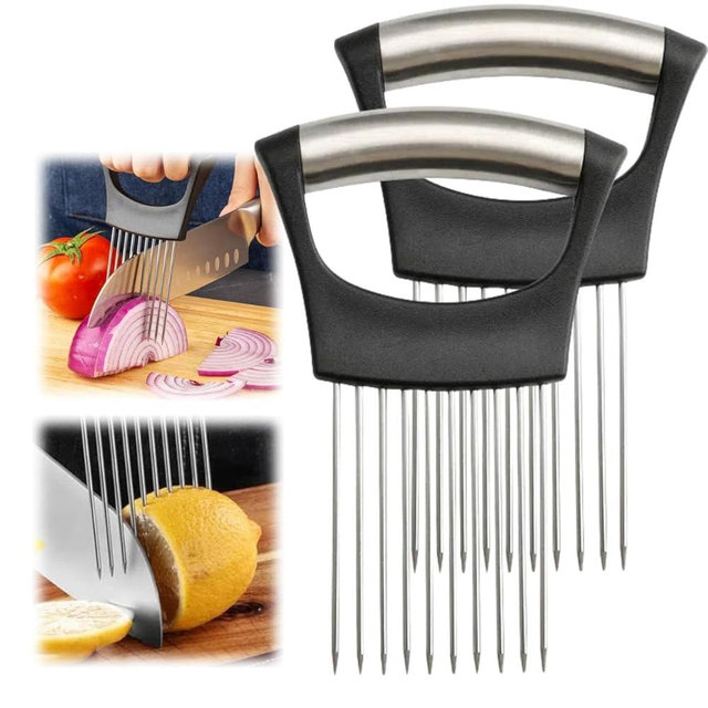 Stainless Steel Onion Slice Holder, Lemon Slicer Vegetable Cutter, Chopper Slicing Assistant Tool for Meat, Onion, Potato, Tomato Home Kitchen Tools (2 PCS)