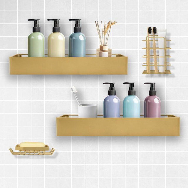 Shuntong Premium Shower Caddy, Adhesive Bathroom Shower Organizer and Storage, No Drill Shower Shelves for Inside Shower, Rustproof Shower Storage Rack 4 Pack Gold
