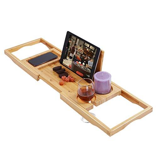 Utoplike Bamboo Bathtub Caddy Tray Bath Tray for Tub, Adjustable Bathroom Bathtub Organizer with Book Tablet Wine Glass Cup Towel Holder,Distinctive Gift for Christmas (24.8"-37.4")