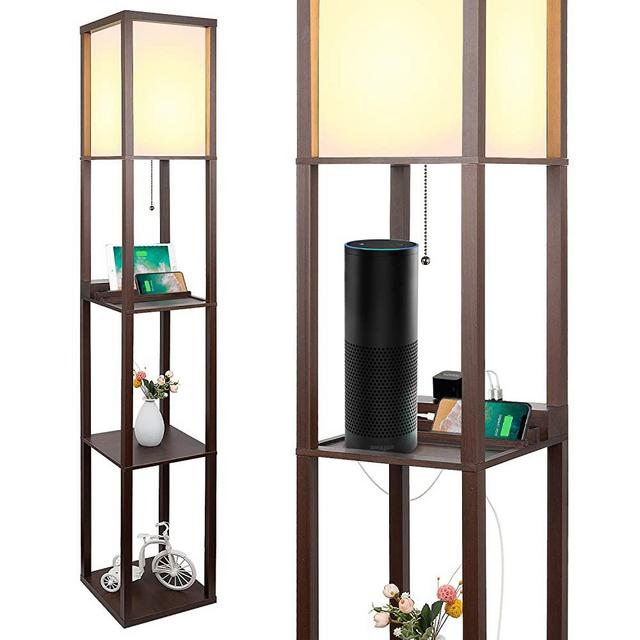 3-in-1 Shelf Floor Lamp with 2 Fast Charging USB Ports and 1 Power Outlet, 3-Tiered LED Shelf Floor Lamp, Shelf & Storage & LED Floor Lamp Combination, Modern Standing Light for Living Room, Bedroom