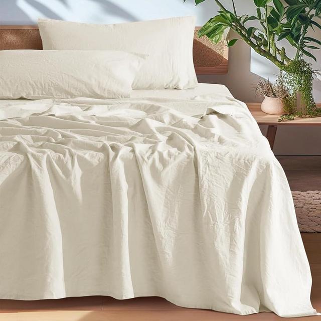 SONORO KATE 100% French Pure Linen Sheets, Breathable and Durable Line Full Size Sheets, Anti-Tear Line Bed Sheets, Machine Washable, 16 Inch Deep Pocket - 4 Piece (Cream, Full)