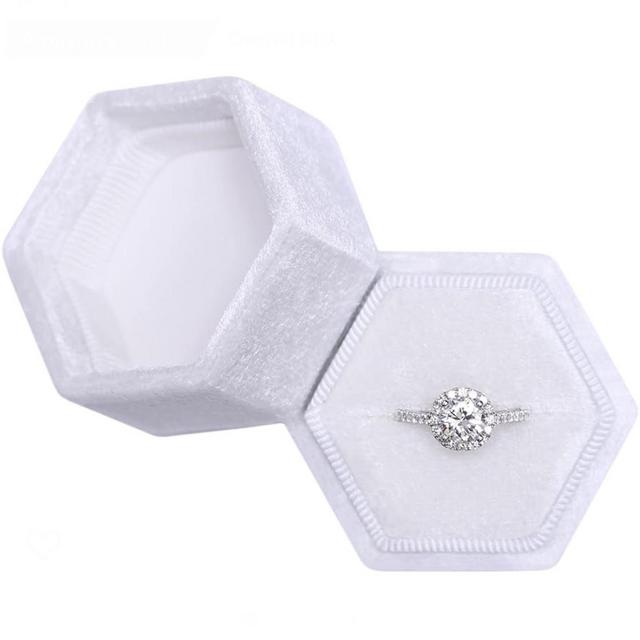 BLUTETE Hexagon Velvet Jewelry Single Slot Ring Box Engagement Wedding Box Keepsake Box Bridal Photo Ring (White)