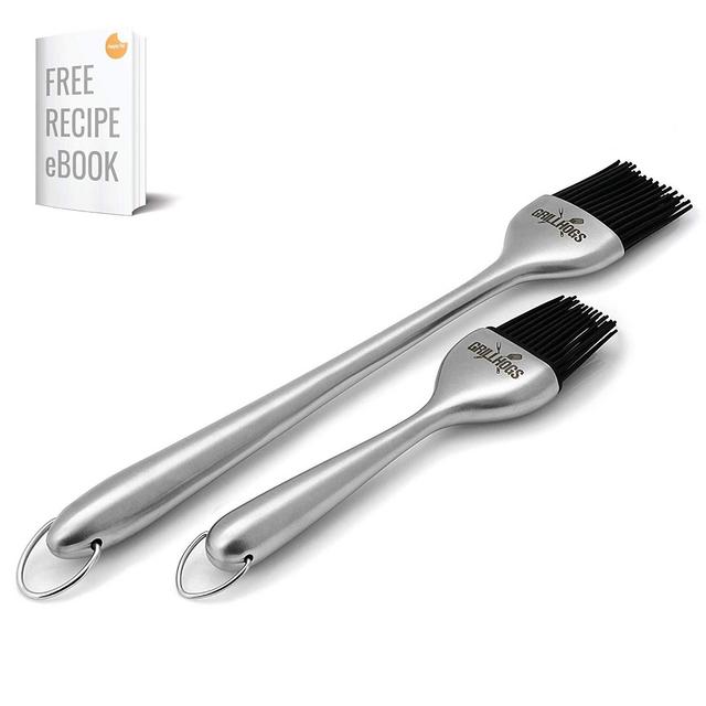 GRILLHOGS Sauce Basting Brush - Premium Stainless Steel Handles - Silicone Basting Brush - Dishwasher Safe Heat Resistant - Natural Long Lasting BBQ bush - Set of Two