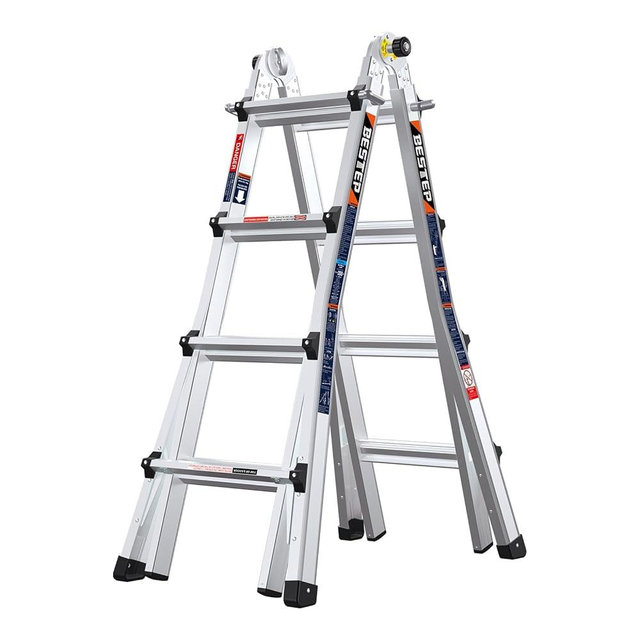 BESTEP 15FT Adjustable Folding Multi-Position Ladder,A Frame 4-Step Anti-Slip Ladder with Aluminum Joint,Silver,ANSI Type 1A, 300 lbs Load Capacity,Welding Construction (YQGNT-4540)
