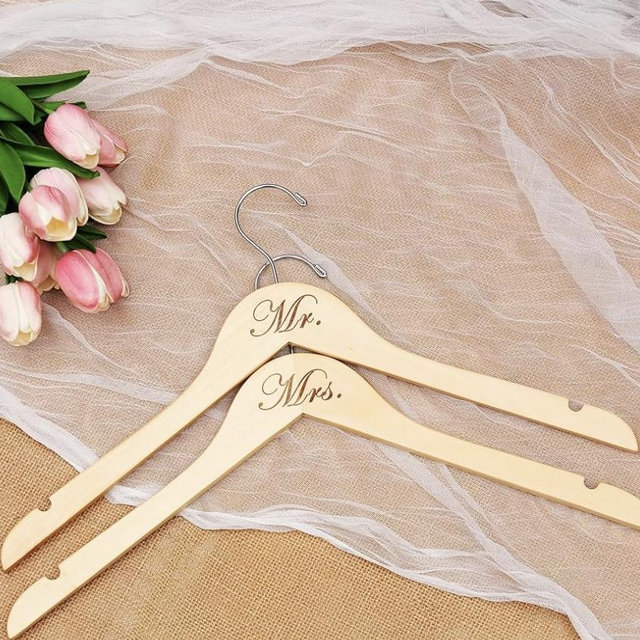 Wedding Hanger Bride Hanger Engraved Hanger Bride Gift Mr and Mrs a Pair (Natural/Sculpture Imprint)