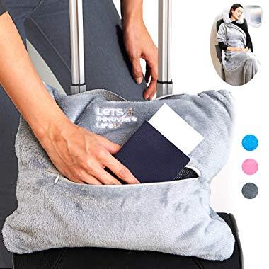 4 in 1 Travel Blanket - Lightweight, Warm and Portable. The Latest Small Compact Airplane Blankets & Pillow Set. Made of Warm Plush, 2 Practical Mesh Pockets with Fashionable Carry & Luggage Straps