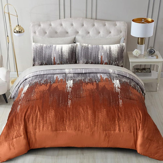 WONGS BEDDING Comforter Set King, Thanksgiving Burnt Orange 7 Pieces Bed in a Bag Abstract Gradient Soft Microfiber Fall Terracotta Bedding Set with Flat Sheet, Fitted Sheet, Pillow Shams, Pillowcases