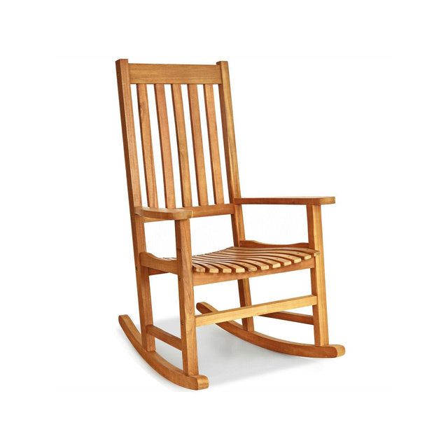 Costway Wooden Rocking Chair Porch Rocker High Back Garden Seat For Indoor Outdoor Teak
