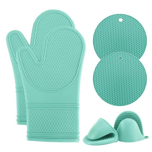 COOK WITH COLOR Silicone Oven Mitt Set- 6 PC. Set - Heat Resistant Gloves with Soft Quilted Lining Set of 2 Oven Mitt Pot Holders, 2 Silicone Trivets, 2 Fingertip Mitss for Cooking and BBQ (Mint)