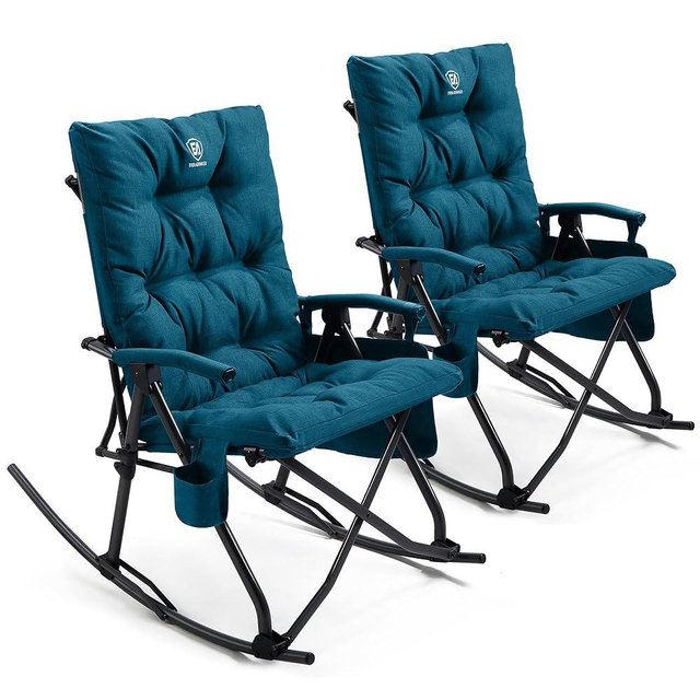 EVER ADVANCED Oversized Folding Rocking Camping Chair Set of 2, Padded Portable Rocker Chair for Patio, Lawn and Outdoors, Heavy Duty Hard Armchair for Adults Supports 400lbs, Green