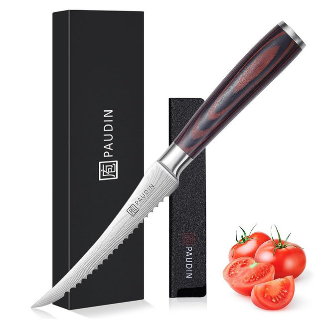 PAUDIN Tomato Knife, 5 inch Serrated Tomato Knives with Sheath, High Carbon Stainless Steel Tomato Slicer Knife for Smooth Cutting Slicing Vegetables and Fruits
