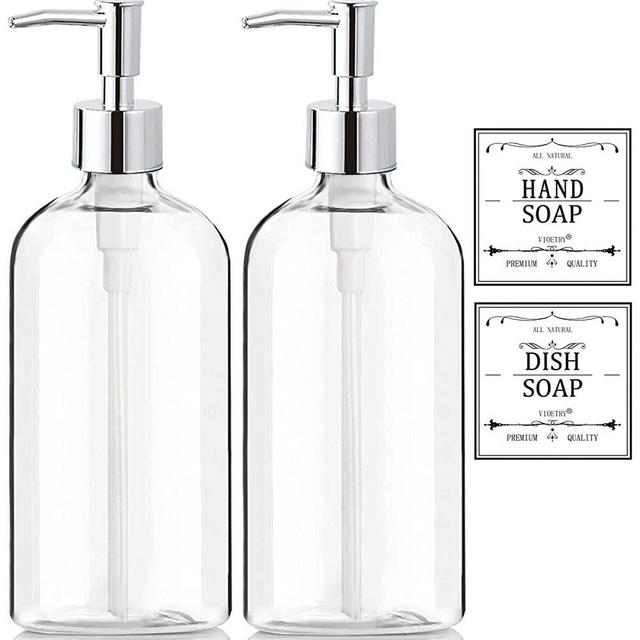 Clear Soap Dispenser with Rust Proof Pump, Waterproof Labels (2 Pack,16 Oz), Soap Dispenser Bathroom, Plastic Hand Soap Dispenser Dish Soap Dispenser for Kitchen, Premium Thick Soap Pump Bottles