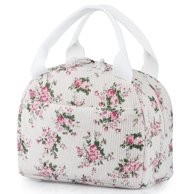 TESAFNG Lunch Bag - Insulated Lunch Box for Women, Reusable Large Capacity Cooler Bag for Adult, Small Leakproof Cute Corduroy Lunch Tote for Work Office Travel Picnic (Pink Flower)
