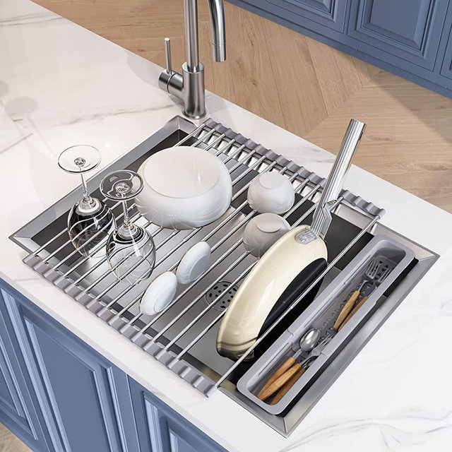 Over Sink Dish Drying Rack for Kitchen, JASIWAY Roll Up Dish Drainer with The Function of Fordable, Expandable, Rust-Proof, Large Sink Cover with Removable Utensil Holder (15.5"- 23.3")