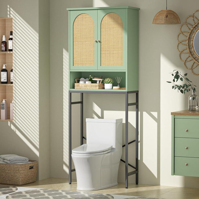 Rattan Toilet Storage Cabinet, Over The Rack Wood Cabinet with Metal Stand, Bathroom Organizer with Adjustable Shelf, Tall Freestanding Washer Shelf, Small Cupboard, Space Saver, Natural style, Green