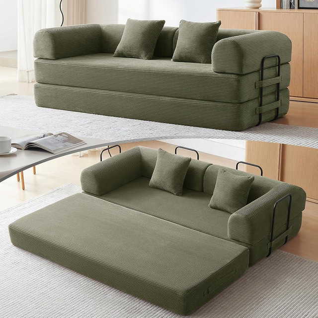 QQR Sleeper Sofa, Comfy Convertible Folding Couch-Futon-Corduroy Fabric Sleeper Sofa Bed with 2 Pillow, Removable Soft Cushion for Small Living Room Dorm/Bedroom/College/Office (Light Green)