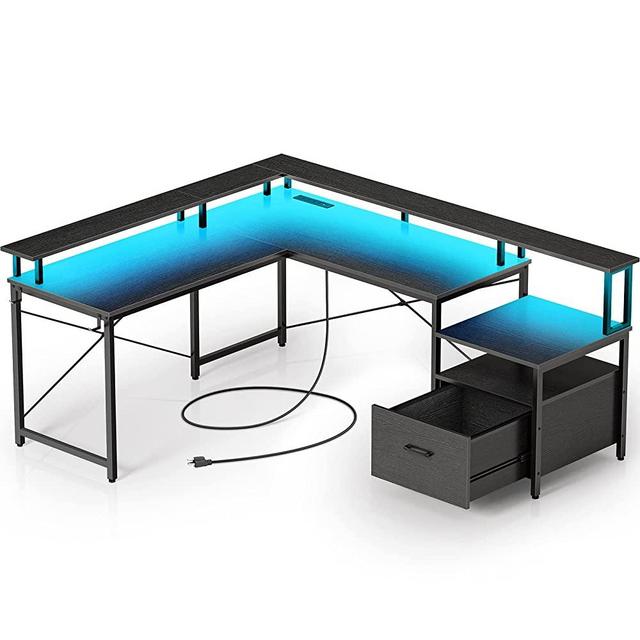Rolanstar Computer Desk, 68" L Shaped Desk with File Drawer, Power Outlet and LED Strip, L Shaped Computer Corner Desk with Printer Cabinet and Monitor Shelf, Home Office Desk, Writing Desk, Black
