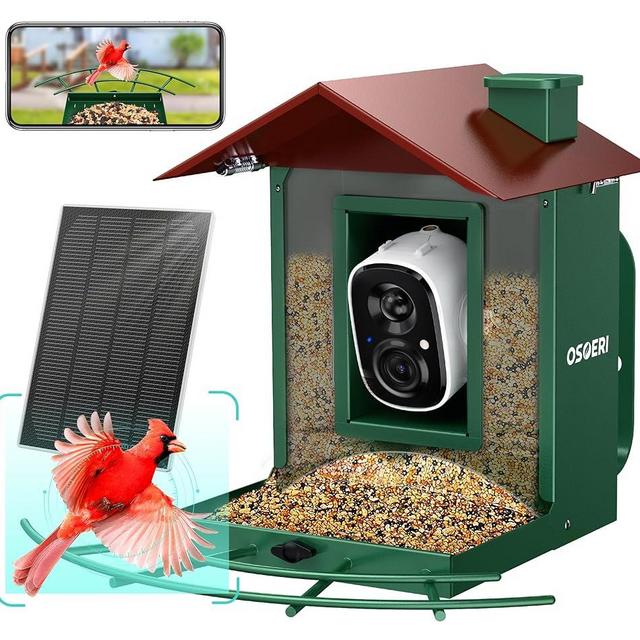Bird Feeder with Camera, Osoeri Solar Bird Feeder with AI Identify, Metal Bird Feeder Camera Live View, Instant Notifications (Green), BC02