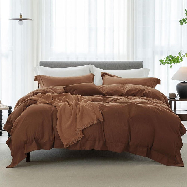 ELIMMO Cooling Duvet Cover Set 3 Pieces-100% Washed Cotton with Chic Wide Trim Design Linen Like Textured Ultra Soft Cozy Bedding with Zipper Closure(Hemmed Dark Orange,Oversized King 120"x98")