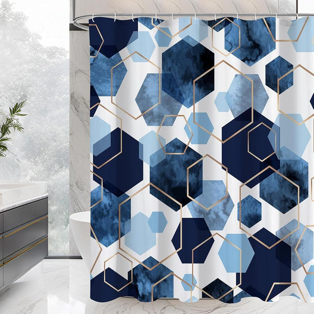 Litabel Modern Long Shower Curtain for Bathroom, Blue Geometric Art Decor Waterproof Bath Curtain, Abstract Fabric Shower Curtain Sets for Home Decor, 72x78 Inch