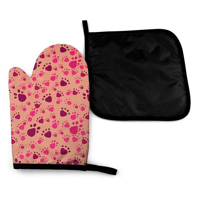 Claw Paw Pink Art Dog Cat Novelty 2 Piece Home Kitchen Accessories Oven Mitt and Pot Holder Set for BBQ Cooking Baking Grilling Barbecue Gift Printing Funny Themed