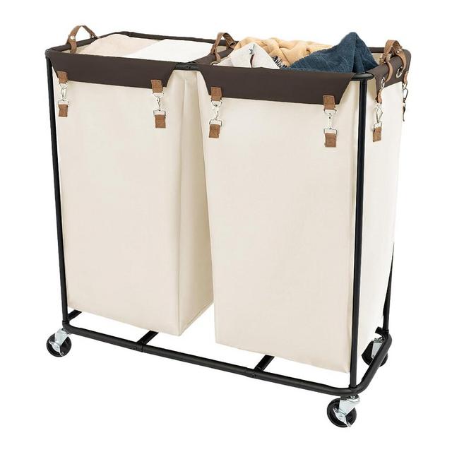 StorageWorks Laundry Sorter Cart with 2 Sections, 390L Laundry Cart with Wheels, Extra Large Double Laundry Hamper, Laundry Basket Divider for Hotel, Home, Beige, 1-Pack