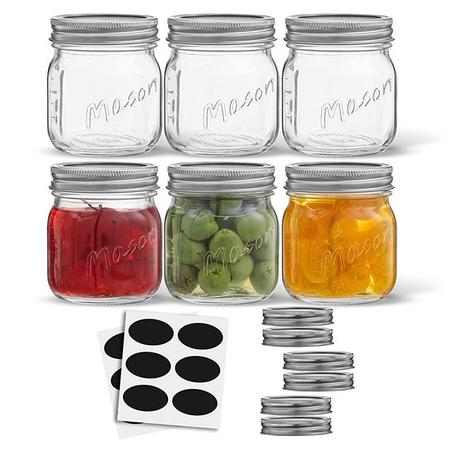 8 Oz Mason Jars With Lids, Labels and Measures! 6-Pack Regular Mouth Mason Jars, Glass Jar with Lid and Band. Airtight Canning Jars, Overnight Oats Jars, Salad Jars, Sourdough Starter Jar