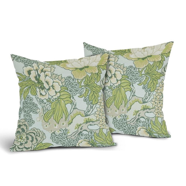 Sage Green Spring Flower Pillowcase Set of 2 Chinoiserie Floral Throw Pillows Square 18x18 Inch Spring Green Floral Pillow Cushion Covers Farmhouse Decor for Home Living Room Bed Couch Sofa Outdoor