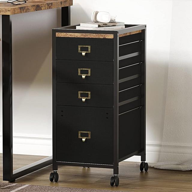 IDEALHOUSE 4 Drawer File Cabinet, Mobile Filing Cabinet Rolling Printer Stand Fits A4 or Letter Size, Fabric Vertical File Cabinet with Wheels, Under Desk Storage Cabinet for Home Office, Black