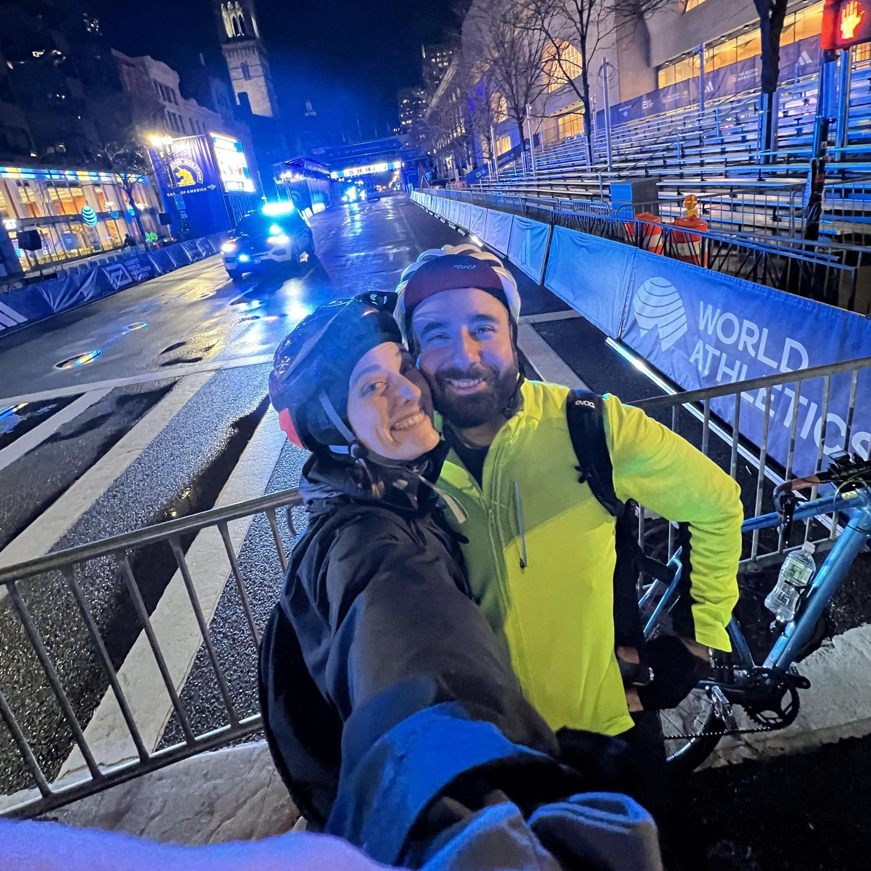 The finish line after biking the Boston Marathon route at midnight the night before.