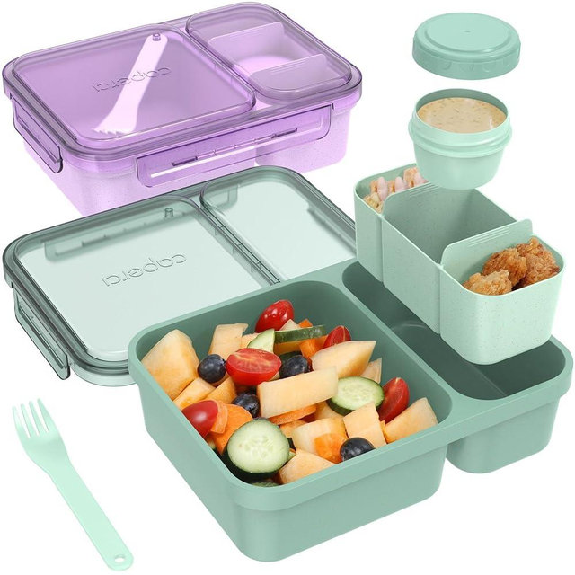 Caperci 2 Pack Salad Container for Lunch - 62 oz Large Bento Lunch Box for Adults, 2-Compartment Meal Prep Container with Removable Toppings Tray, Sauce Cup, Reusable Fork, BPA-Free (Purple & Green)