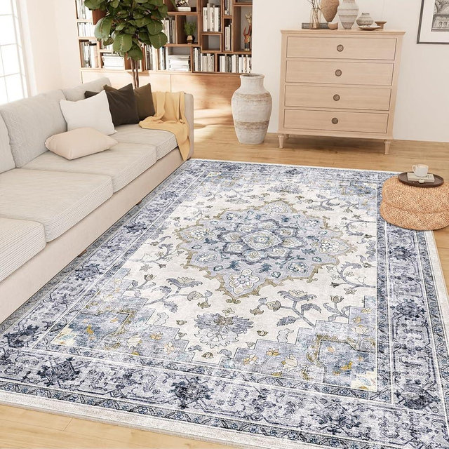 CAPALOCA Machine Washable 5x7 Area Rugs for Living Room Vintage Carpet Non Slip Low Pile Water Repellent Soft Print Pattern for Bedroom Indoor Decor Polyester Rug Bluewhite
