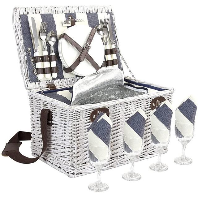 Picnic Basket for 4, Willow Hamper Set with Insulated Compartment, Handmade Large Wicker Picnic Basket Set with Utensils Cutlery - Perfect for Picnicking, Camping,