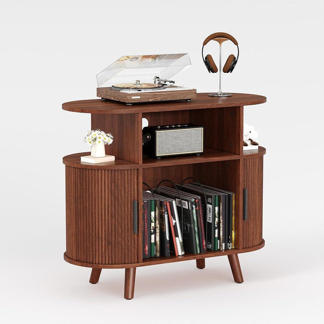 Garvee 35'' Fluted Mid Century Modern Turntable Cabinet, Large Round Record Player Stand with Charging Station and Display Shelf, Arched Wood Record Player Table for Living Room