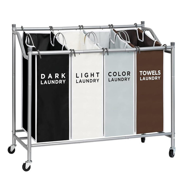 4 Bag Laundry Sorter Cart, Laundry Hamper Sorter Basket with Heavy Duty Lockable Rolling Wheels for Clothes Storage, Mix Colors