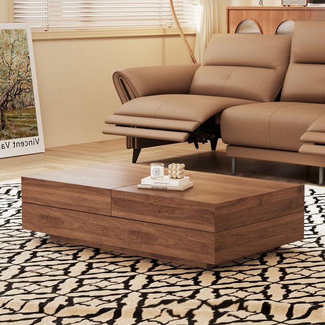 Luck Live 39.4 in Living room retractable, pull-push square coffee table, with storage cabinet, walnut color