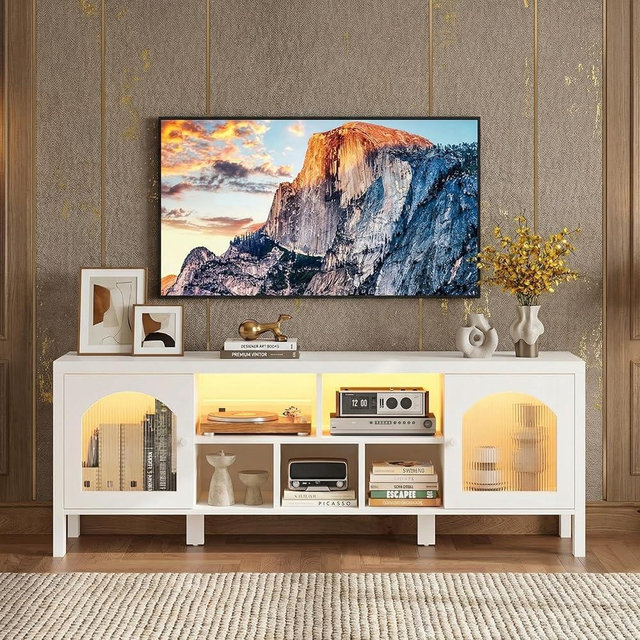 IRONCK TV Stand for 65 Inch TV, 59" Entertainment Center with Power Outlet & LED Light, Modern Media TV Console with Arched Glass Doors and Storage Cabinets for Living Room, White