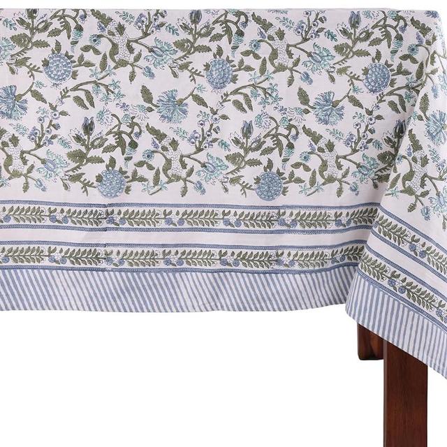 ATOSII Mahoka Blue 100% Cotton Rectangle Summer Tablecloth, Handblock Floral Linen Table Cloth for Kitchen Dining Table I Parties Weddings Outdoors Home Decor 72 X 120 Inches I 10 Seater