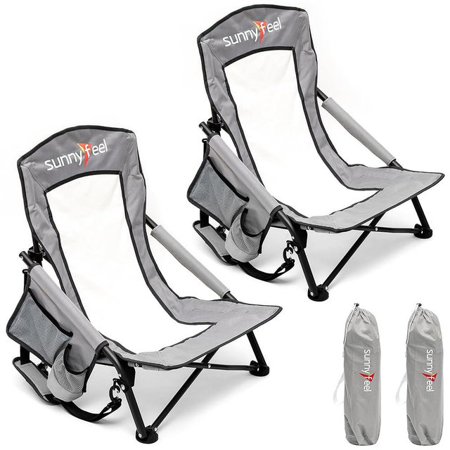 SUNNYFEEL Folding Low Camping Beach Chair 2 Pack, Lightweight Portable Lawn Chair with Mesh Back, Cup Holder for Outdoor/Travel/Picnic/Concert, Foldable Camp Backpack Chair with Carry Bag