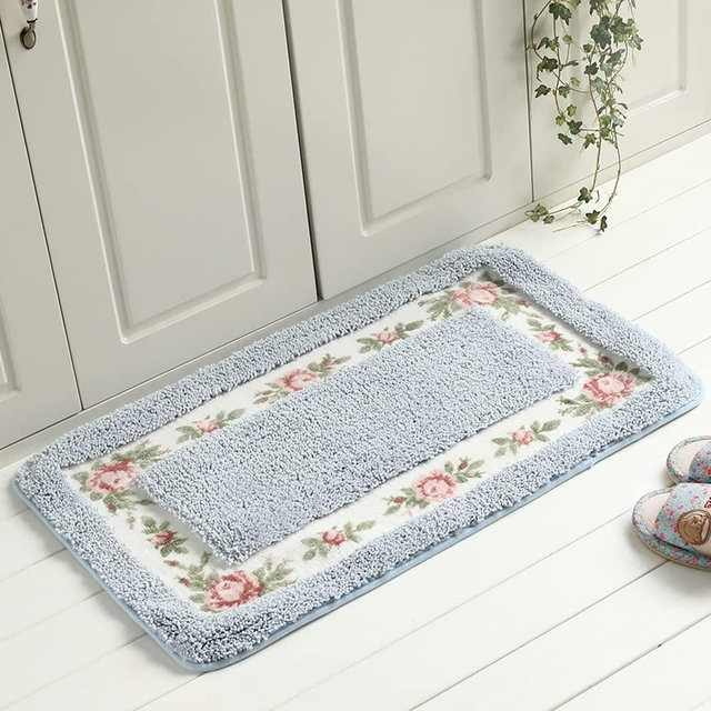 FAONIE Pretty Floral Rural Style Romantic Rose Flower Rug Shaggy Area Rugs Soft Non-Slip Doormat Floor Mat Bath Mat Bathroom Shower Rug Bedroom Living Room Carpet (Light Blue, S)