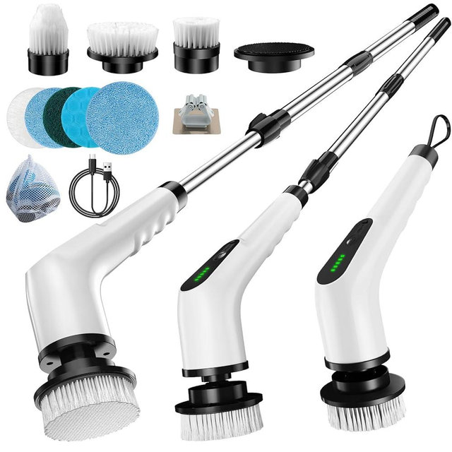 Homlab Electric Spin Scrubber, Cordless Cleaning Brush with 8 Replaceable Brush Heads, Shower Scrubber with Adjustable Extension Handle, Waterproof Power Scrubber for Bathroom Tile Floor Tub Car Walls