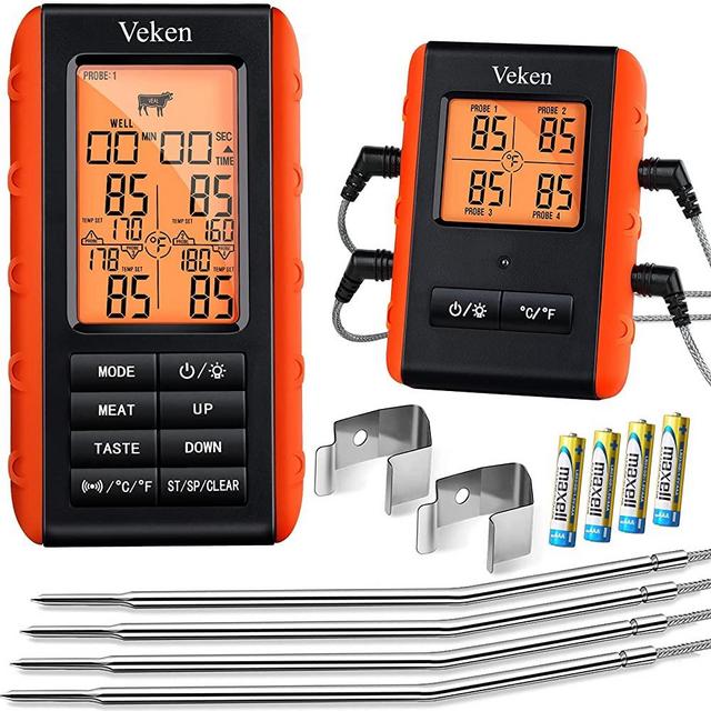 Veken Wireless Meat Thermometer, 4 Probes Grill Thermometer for BBQ Smoker Oven, Digital Cooking Food Thermometer Grilling Gifts for Men Women, 490Feet Remote in Kitchen Outdoor Camping, Orange