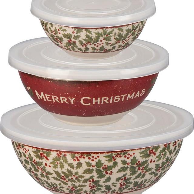 Primitives by Kathy Lidded Bowls - Set of 3 Nesting bamboo bowls with vintage-inspired Christmas designs. Each bowl has it's own lid.