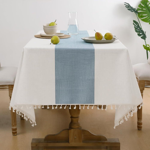 Softalker Linen Tablecloth Rectangle, Outdoor Waterproof Burlap Cotton Farmhouse Table Cloths with Tassel, Heavy Weight Wrinkle Free Table Cover for Dining, Party, Rustic - 55 x 102 Inch, Blue Stripe