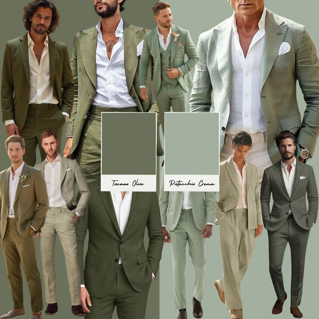 Elegant and earthy. These greens ground the palette with a natural feel; from sage-leaning pistacchio to deep Tuscan olive. Fresh, refined, and totally on theme.