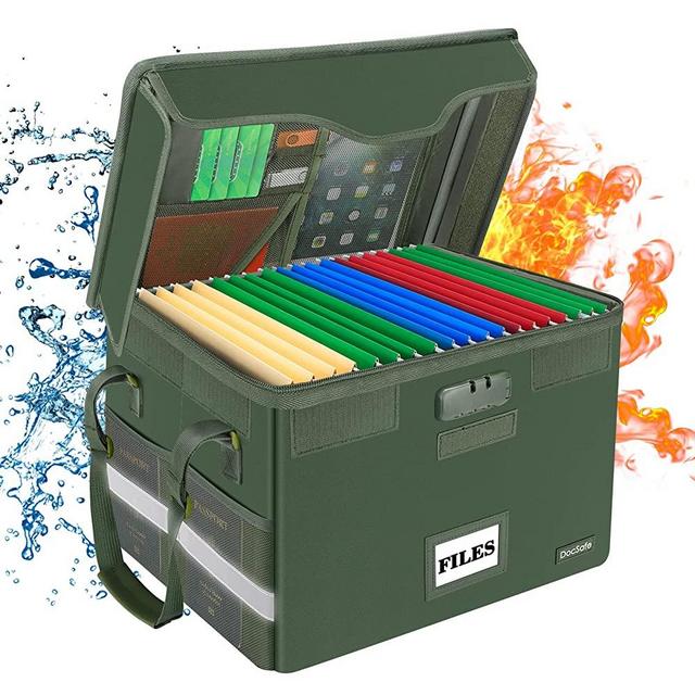 DocSafe File Box Fireproof Document Box with Lock, File Storage Organizer Box with Inserts and Zipper Lid,Collapsible Portable File Box Home Office File Cabinet with Handle for Hanging Folder,Green