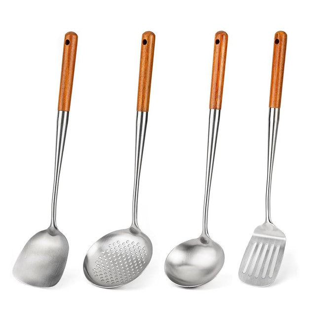 FJNATINH 17inch Wok Spatula and Ladle, Skimmer Spoon, Slotted Turner Spatula Set 304 Stainless Steel Kitchen Utensils Sets, 4-Pieces Cooking Utensils Tools Wok Accessories