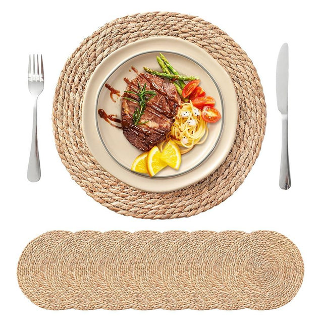 Round Woven Placemats Set of 8, 13.5'' Boho Rattan Chargers for Dinner Plates, Rustic Wicker Place Mats, Straw Braided Table Placemats, for Dining Table, Wedding, Farmhouse, Outdoor and Parties