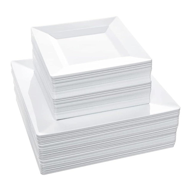 ricpok Disposable Square Plastic Plates - 100 Pack - 50 x 9.5 Dinner and 50 x 6.5 Salad Combo Plate - Premium Heavy Duty - Fancy and perfect for a Party, Wedding, or Birthday