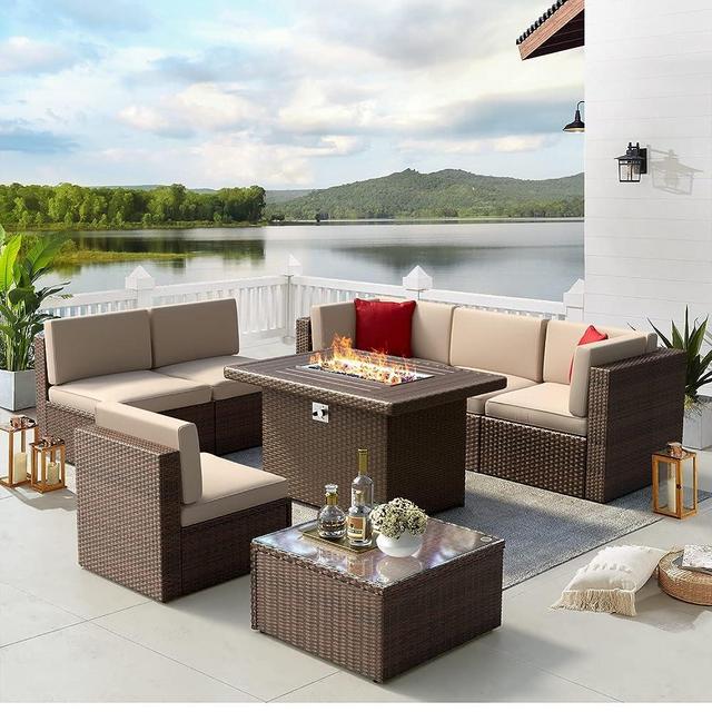 Aoxun Patio Furniture Set 8PCS with 43" Fire Pit Table Outdoor Sectional Sofa Set Wicker Furniture Set with Coffee Table(Brown)